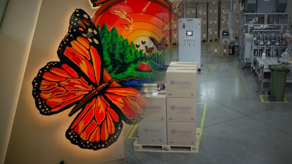 Mural de mariposas monarca de la planta de LEGO en Nuevo León junto a una línea de empaque con cajas