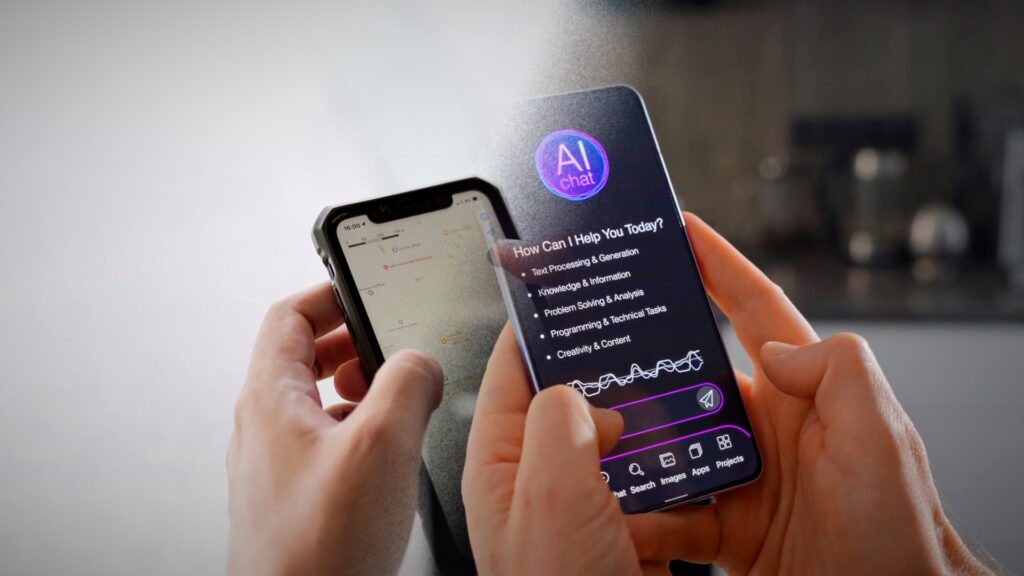 Manos sostienen un celular con un mapa abierto y otro celular con un asistente de inteligencia artificial
