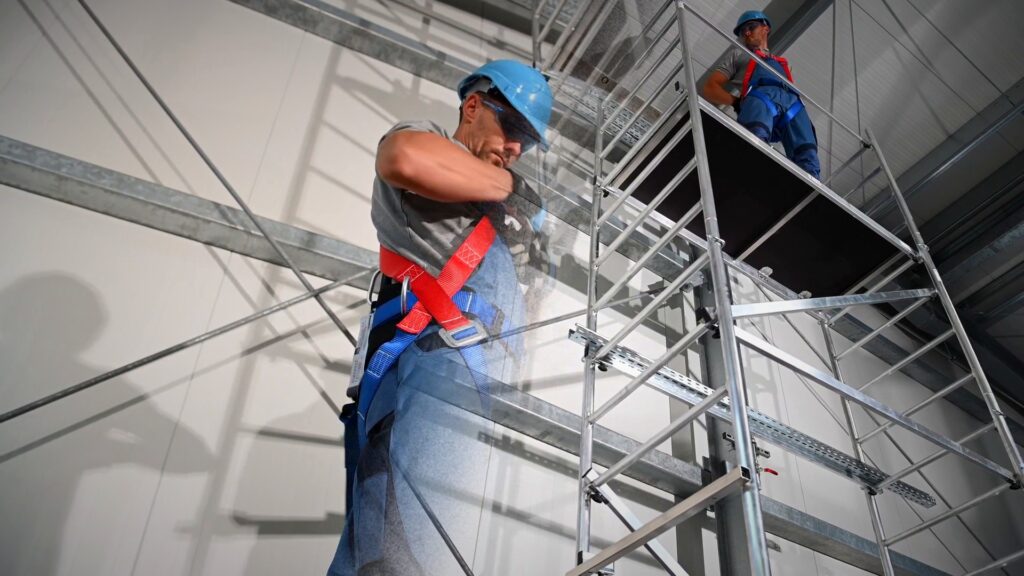 Trabajador con arnés en un andamio dentro de una nave industrial