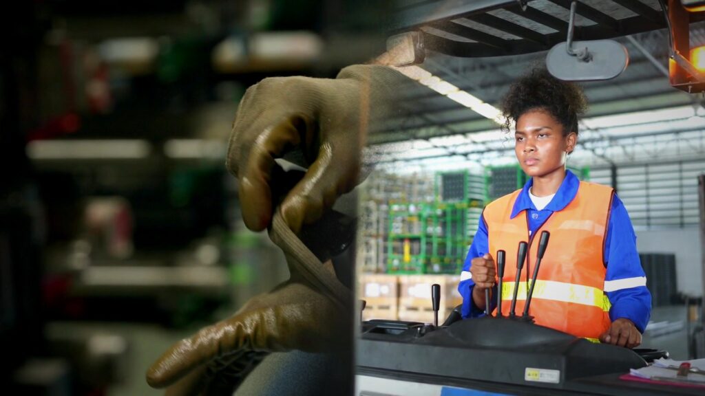 Máquina expendedora industrial con guantes y equipo de protección personal dentro de una planta