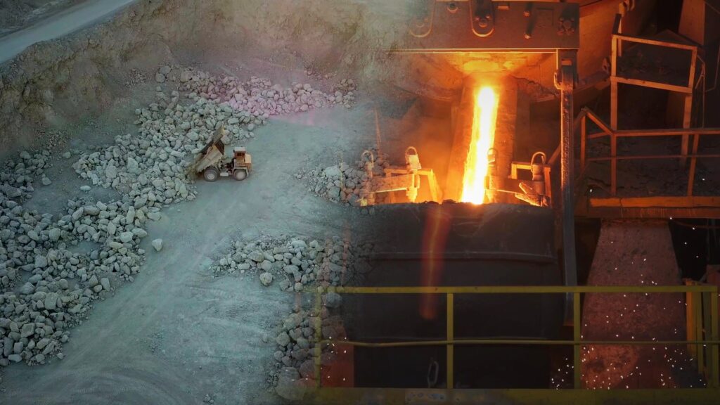 Muestras de concentrado de cobre en frascos de laboratorio junto a equipo de proceso hidrometalúrgico