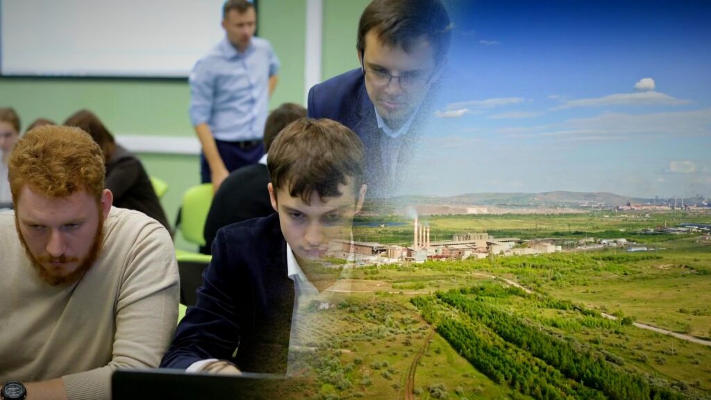 Ingeniera y estudiante revisan un medidor de descarga de agua residual junto a una planta de tratamiento industrial