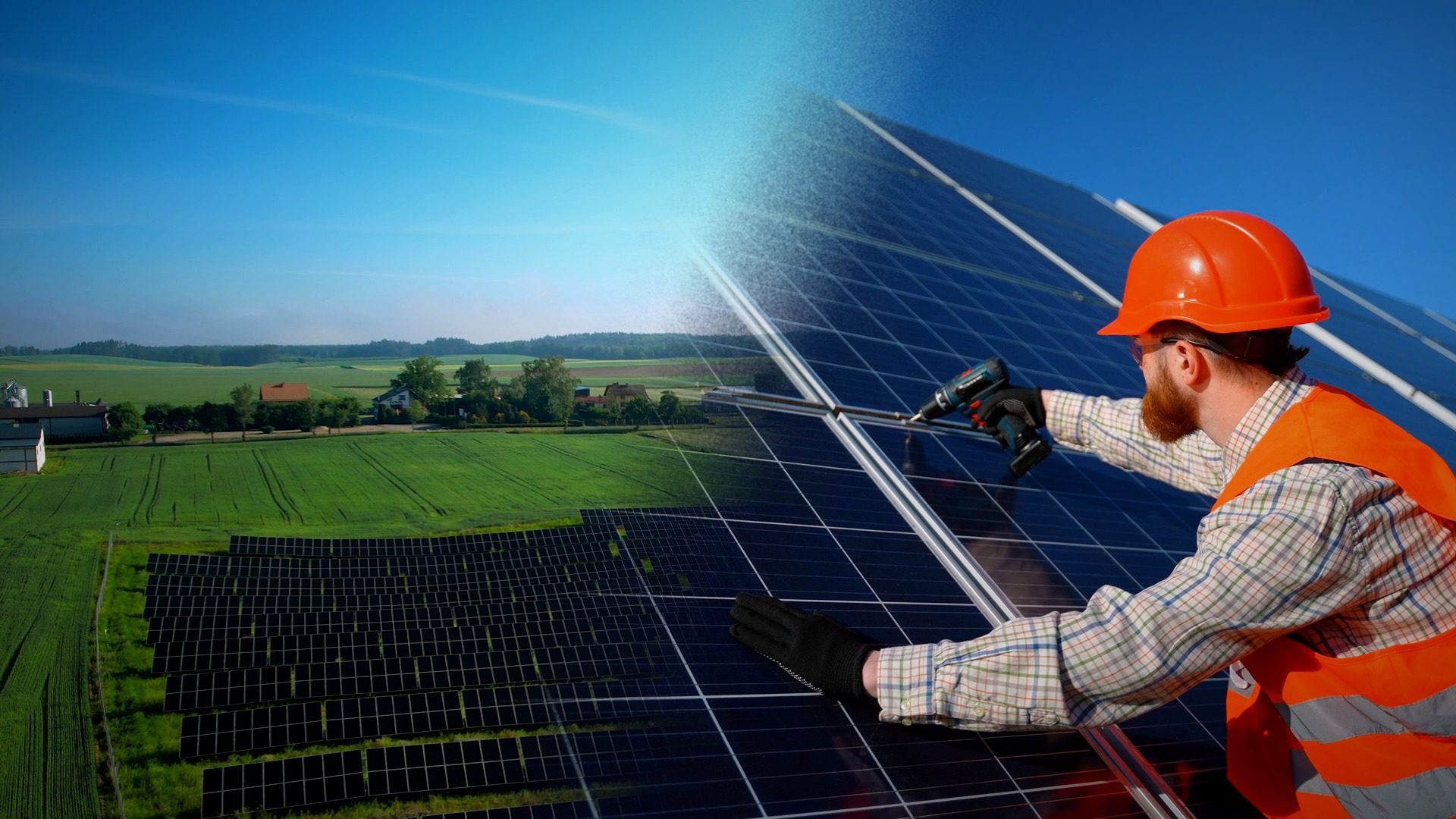 Granja solar con aerogeneradores y técnico que instala paneles solares