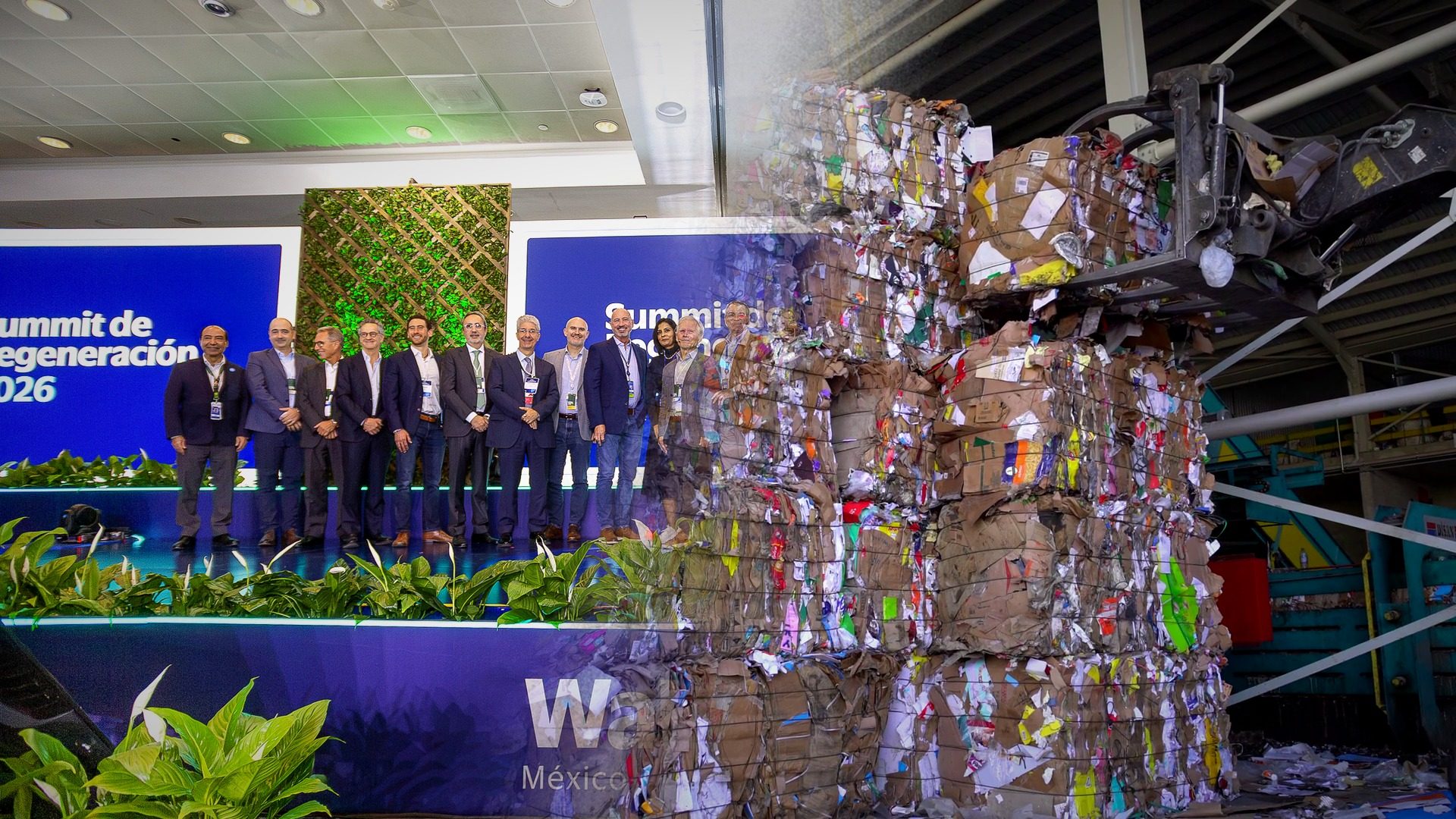 Directivos en el Summit de Regeneración 2026 de Walmart de México y pacas de cartón para reciclaje